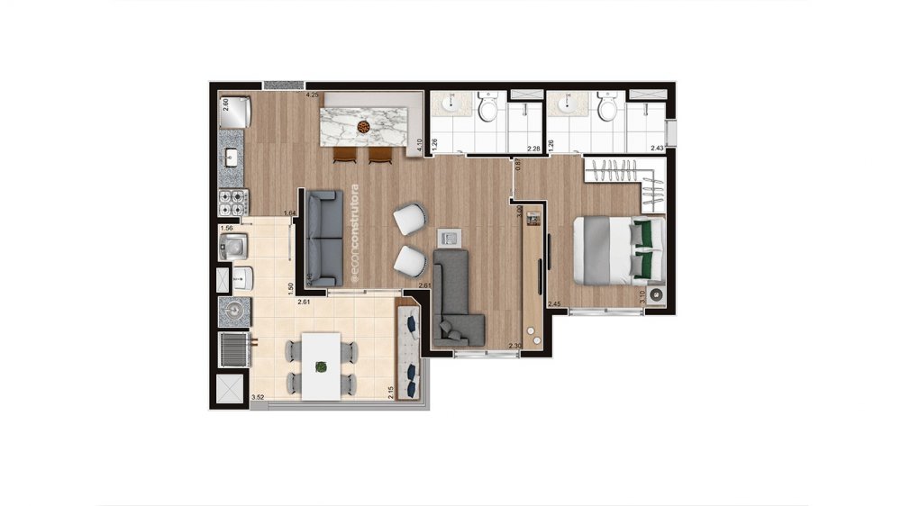 Planta de 56 m� living ampliando ponta 