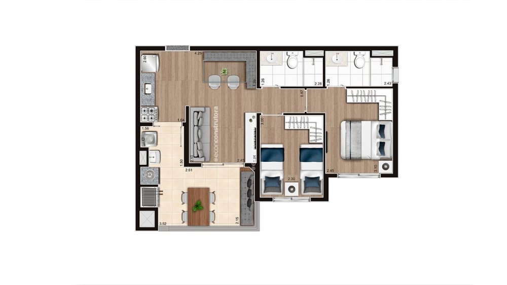 Planta de 56 m� 2 dormit�rios ponta 